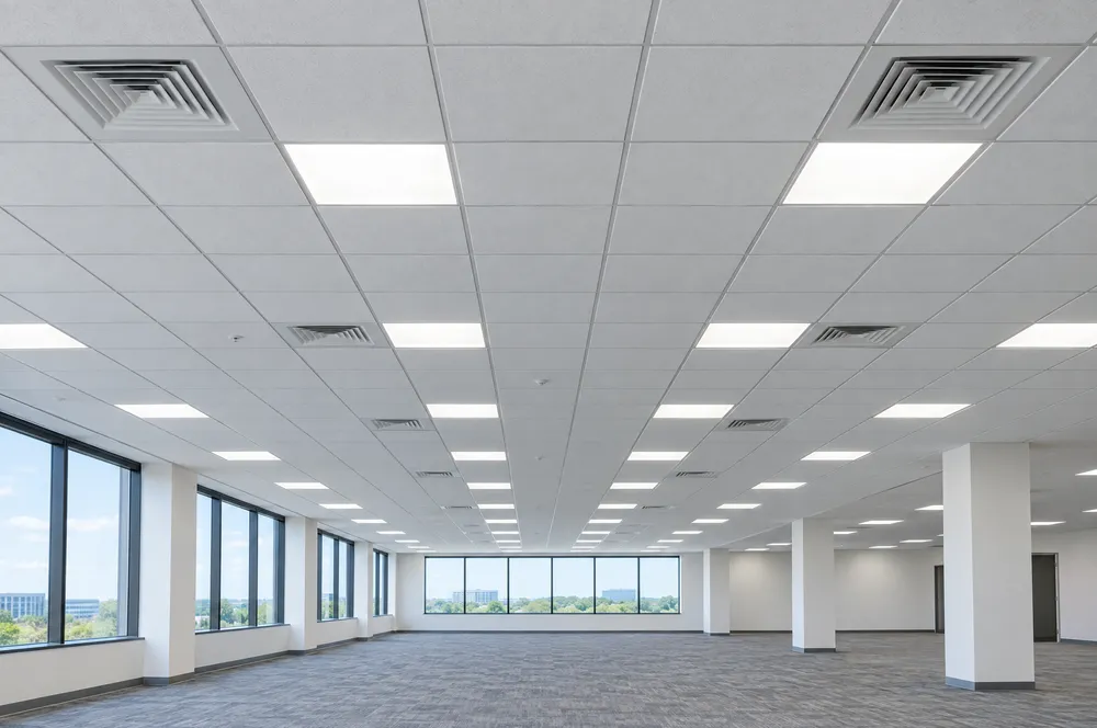 Illustration: a straight, freshly installed acoustical ceiling grid with LED panels