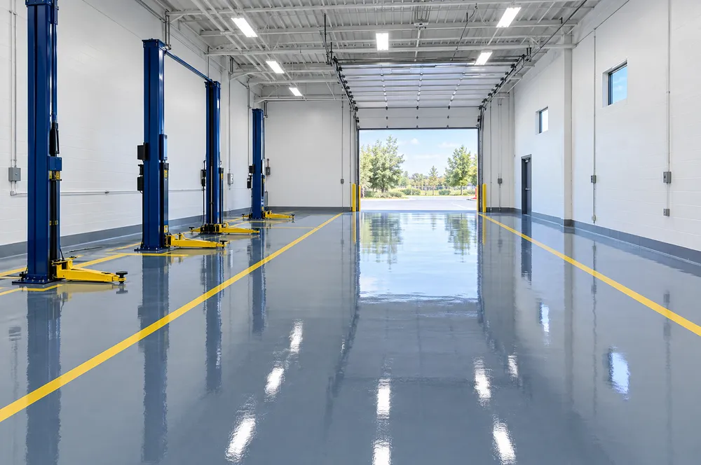 Illustration: a glossy blue-gray epoxy floor with yellow safety lines in a commercial service bay