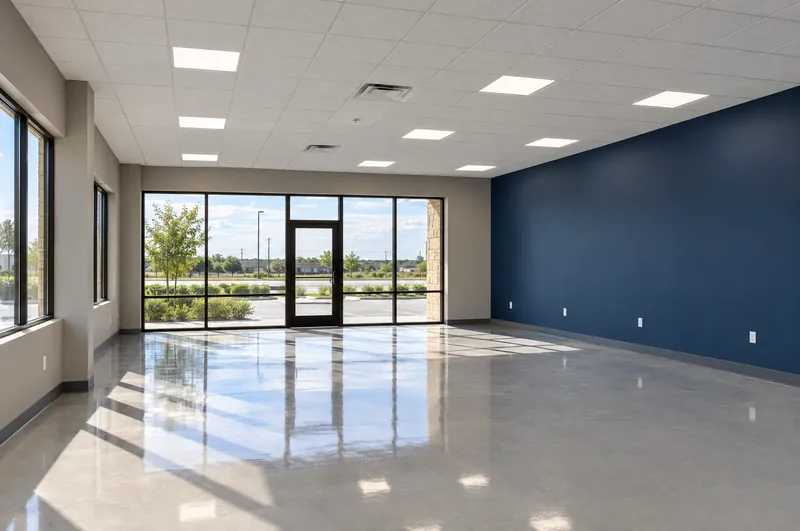 Finished tenant space with an acoustical ceiling grid, a blue accent wall and an epoxy floor