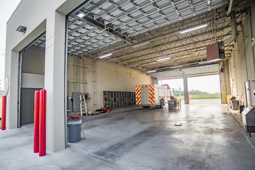 Painted apparatus bay at a fire station