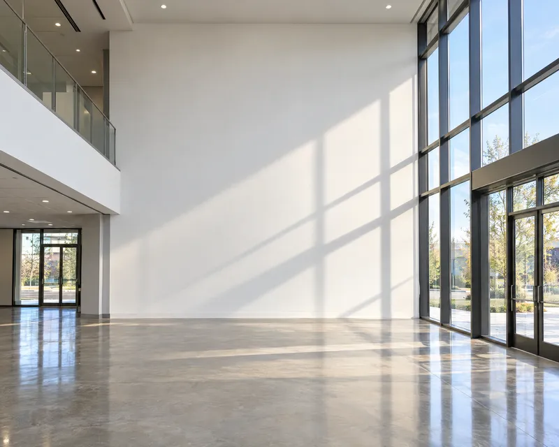Illustration: a tall, smooth lobby wall finished and primed, in raking afternoon light