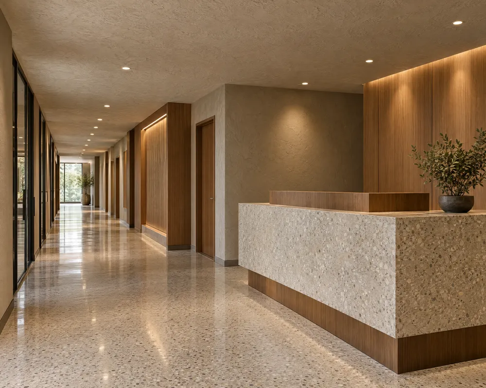 Illustration: a commercial corridor and reception area with a textured ceiling and walls in warm greige