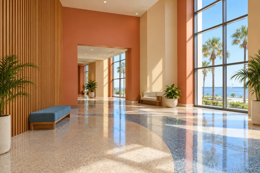 Illustration: a coastal public building lobby with terracotta and sandstone painted walls