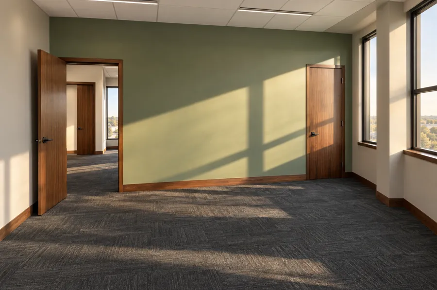 Illustration: a just-finished tenant finish-out office with a sage green accent wall
