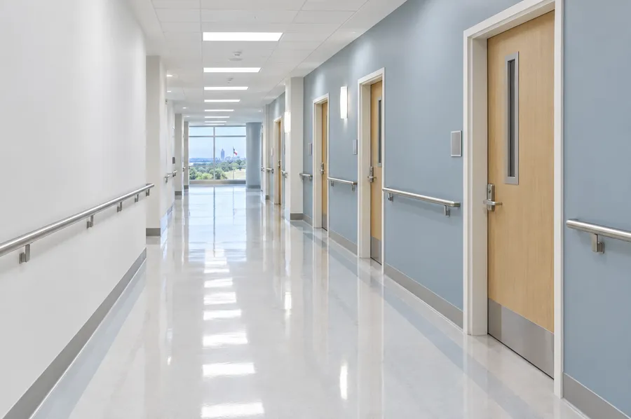 Illustration: a hospital corridor with smooth, freshly painted walls