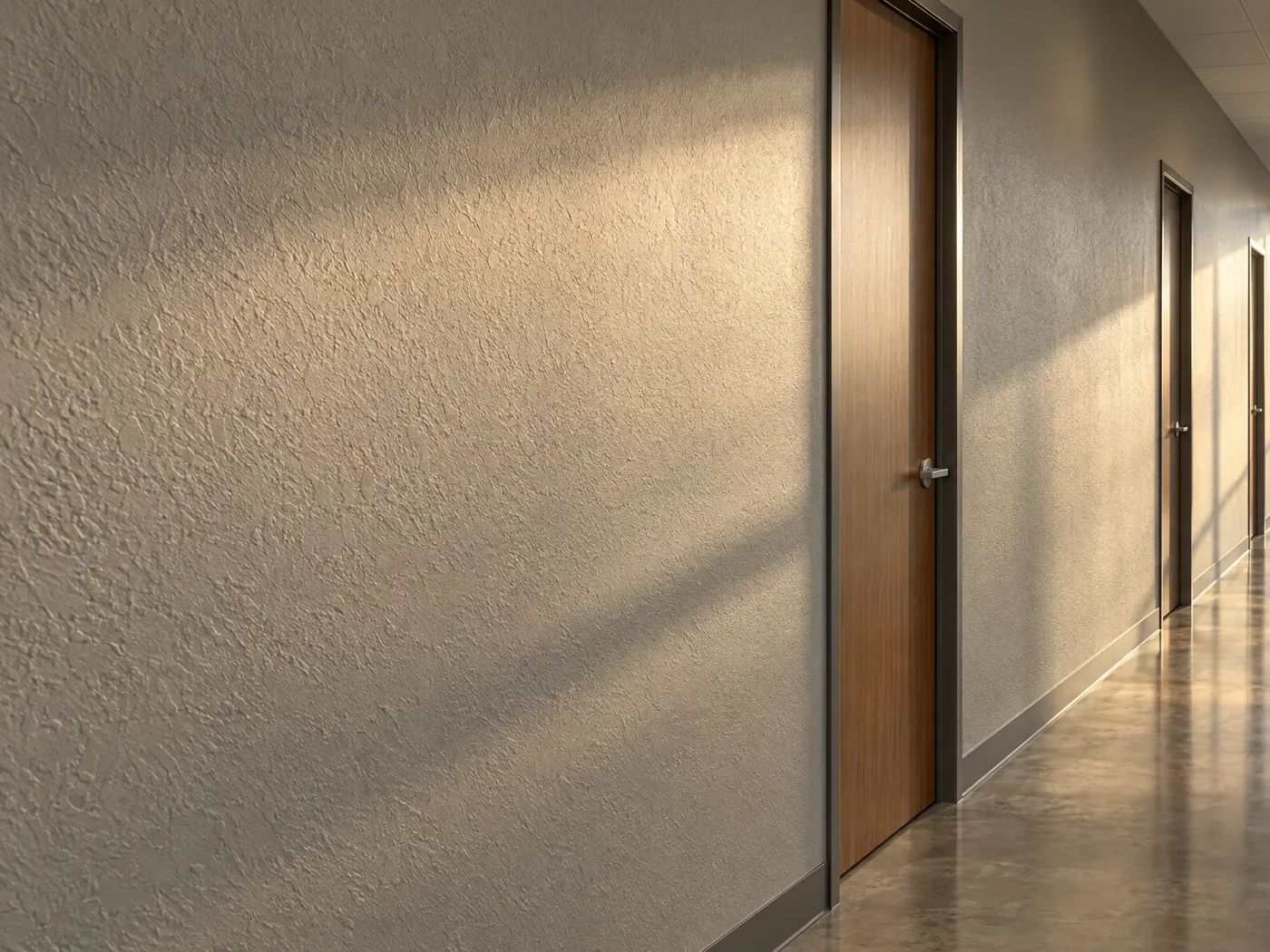 Illustration: a commercial corridor wall with knockdown texture in raking afternoon light